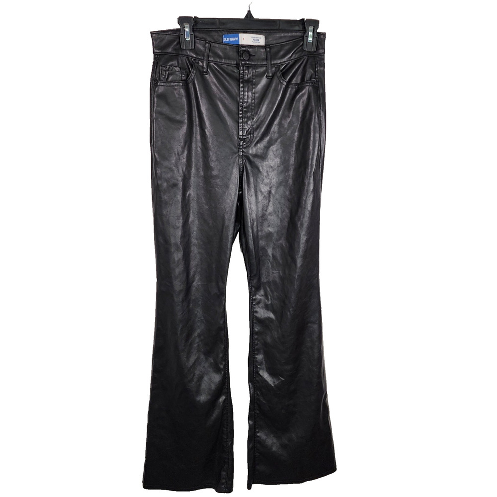 Old Navy Womens Higher High Waisted Faux Leather Flare Pants Size 6 Black Pocket